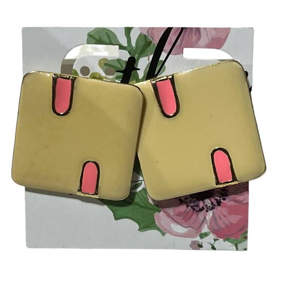 1990s Cream & Pink Square Clip-On Earrings Pastel Retro Jewelry - Picture 6 of 8